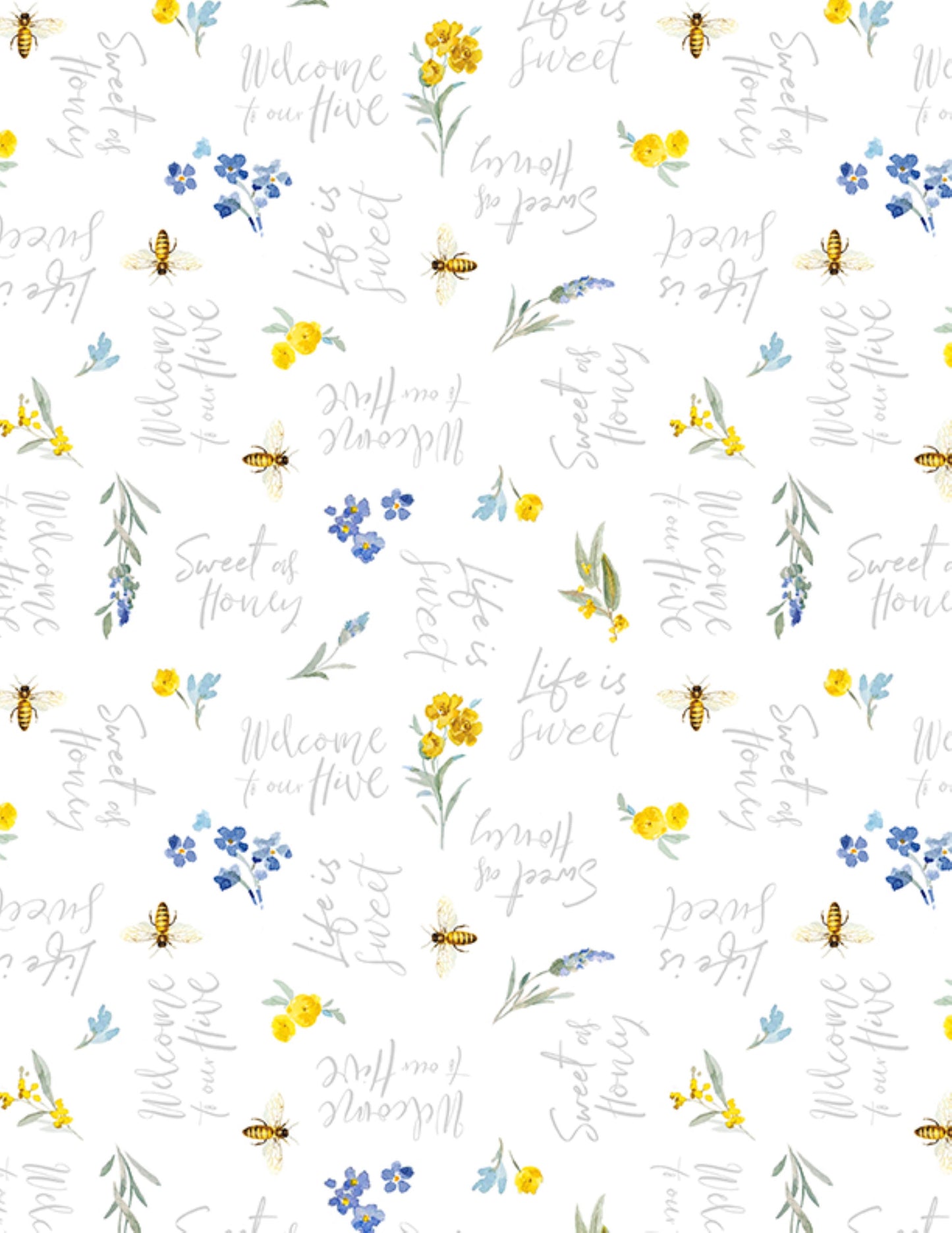 Bees & Blooms Fabric Collection by Wilmington Prints – Words, Colorful Flowers, and Bees in Yellows, Blues, and White