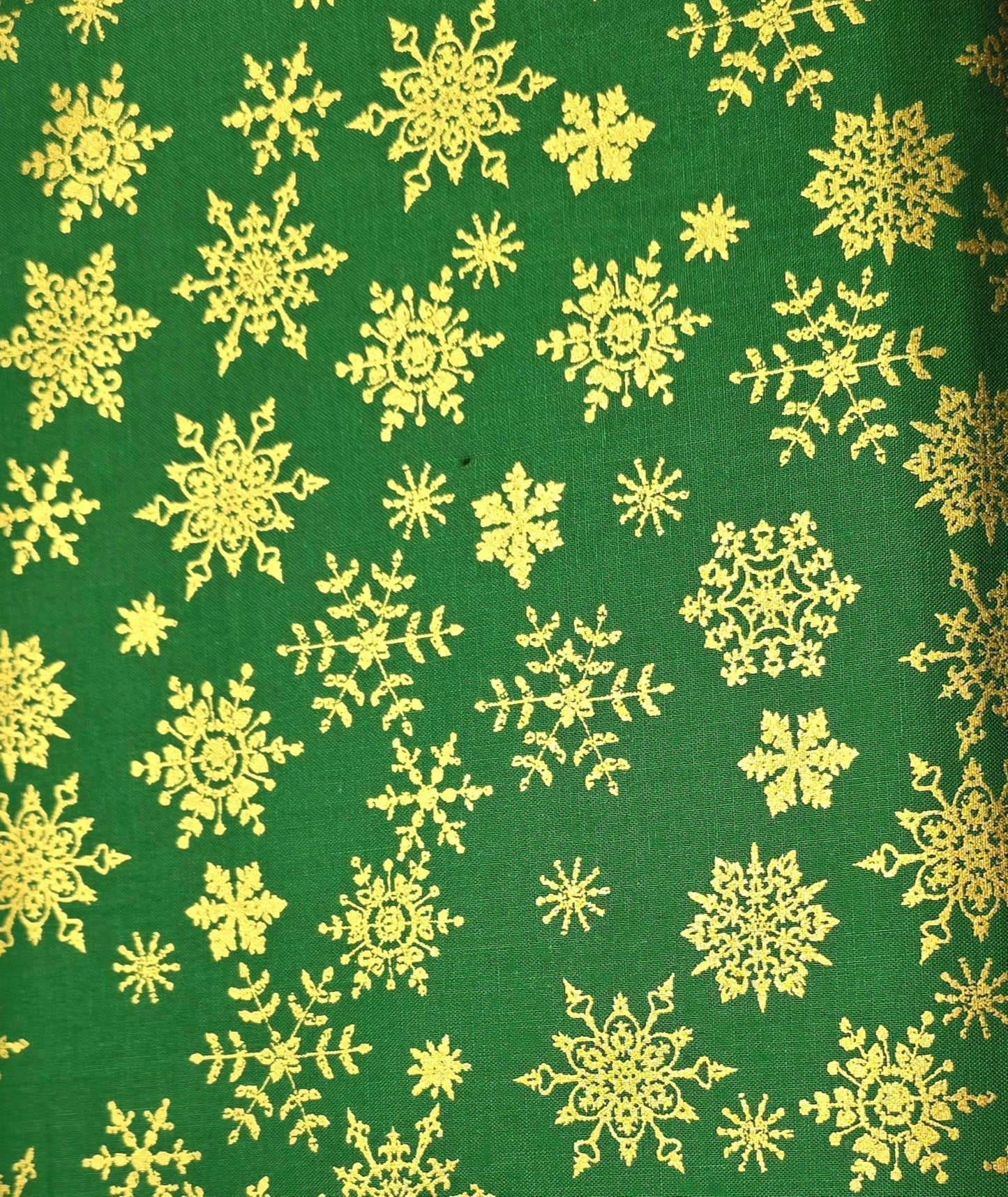 Green Merry Christmas Metallic Gold Snowflake Cotton Quilt Fabric.