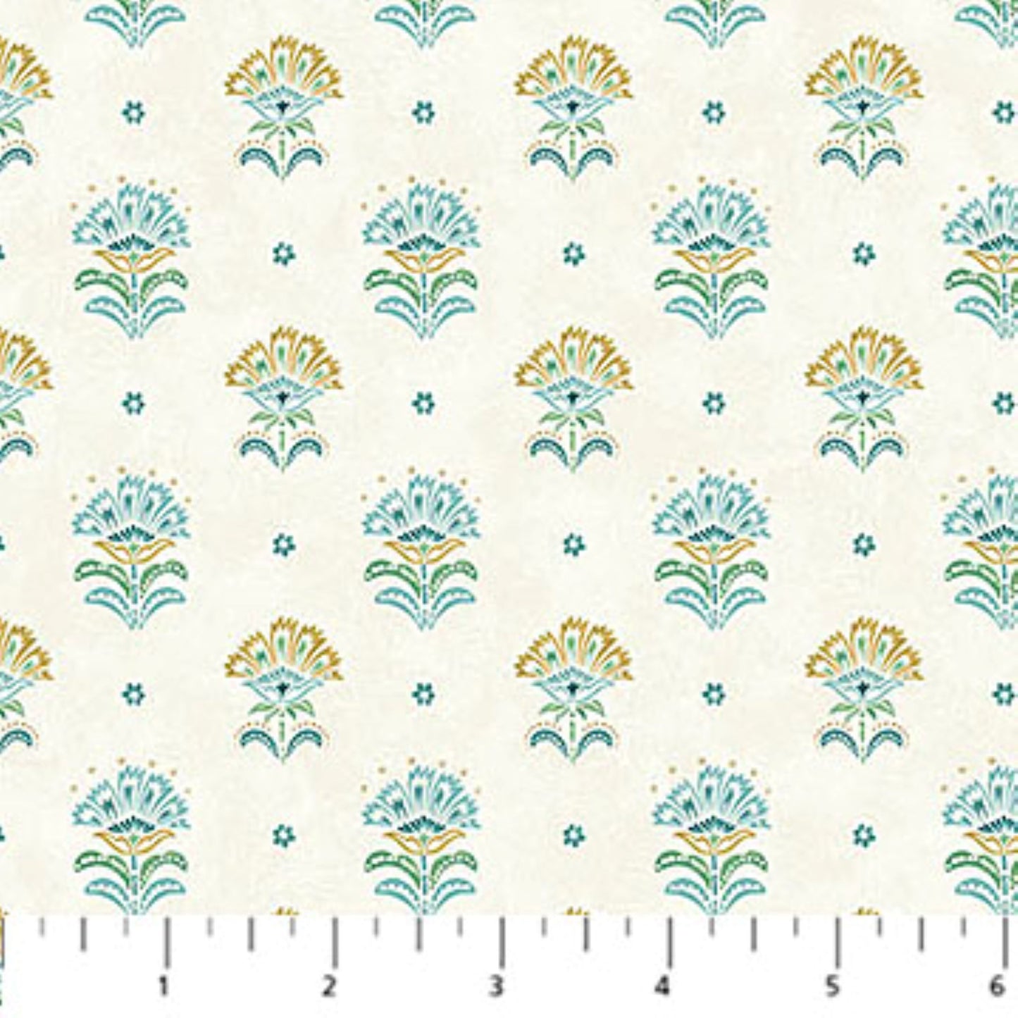 Mariposa Floral Cotton Fabric by Northcott – Teal & Gold Folk Quilting Cotton Yardage