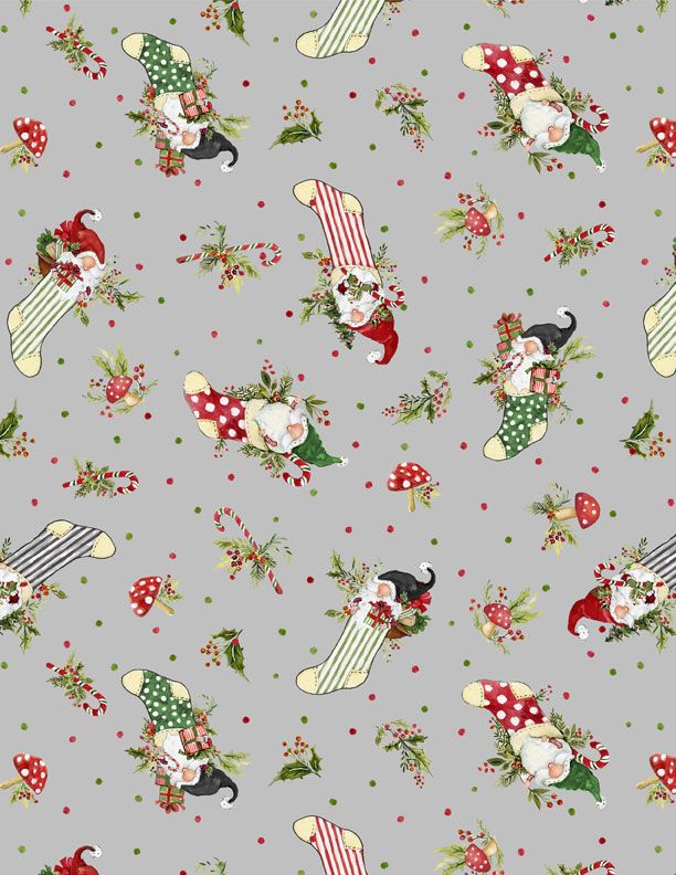 Merry Gnome-ments Fabric – Holiday Gnomes & Stockings on Gray