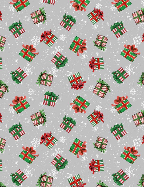 Merry Gnome-ments Gifts Fabric – Festive Presents on Gray