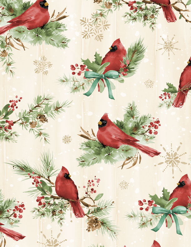 Cardinal Celebration Christmas Fabric – Cardinals & Festive Greenery – Holiday Cotton Fabric