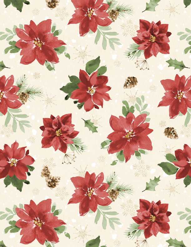 Cardinal Celebration Christmas Fabric – Poinsettias, & Festive Greenery – Holiday Cotton Fabric