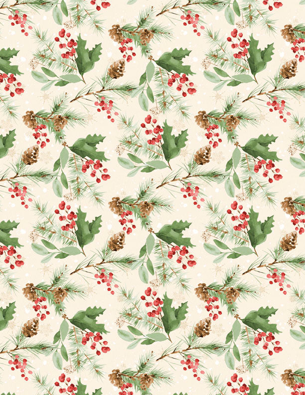 Cardinal Celebration Christmas Fabric – Festive Greenery – Holiday Cotton Fabric