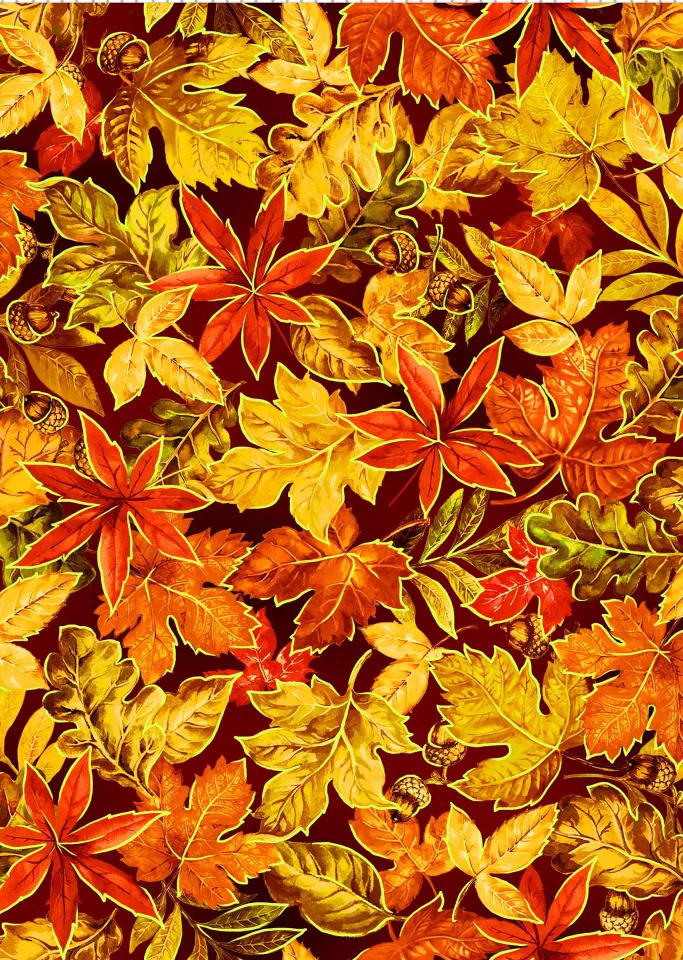Fall Classic by Oasis Prints Autumn Leaves Fabric | Red & Gold on Brown | 100% Quilting Cotton