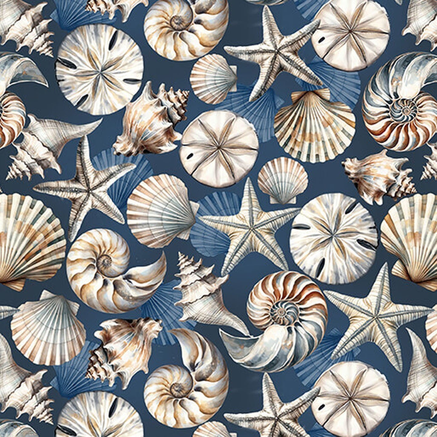 Benartex Coastal Escape Coastal Shells Cotton Fabric – Nautical Seashell Beach Fabric