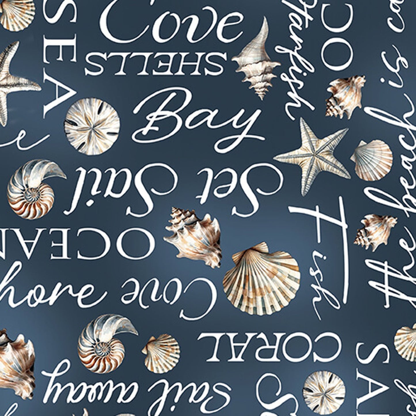 Benartex Coastal Escape Coastal Words Cotton Fabric – Nautical Seashell Beach Fabric