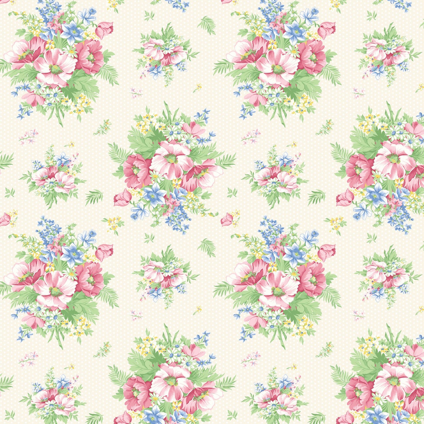 Benartex April’s Garden Charming Fabric by April Cornell | Pink Blue Green Floral Bouquets | 43/44” Wide Quilting Cotton