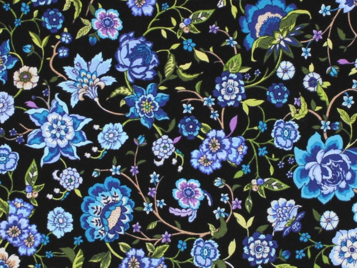 Sew de Vine Cotton Fabric – Vivid Blue Flowers on Black Background