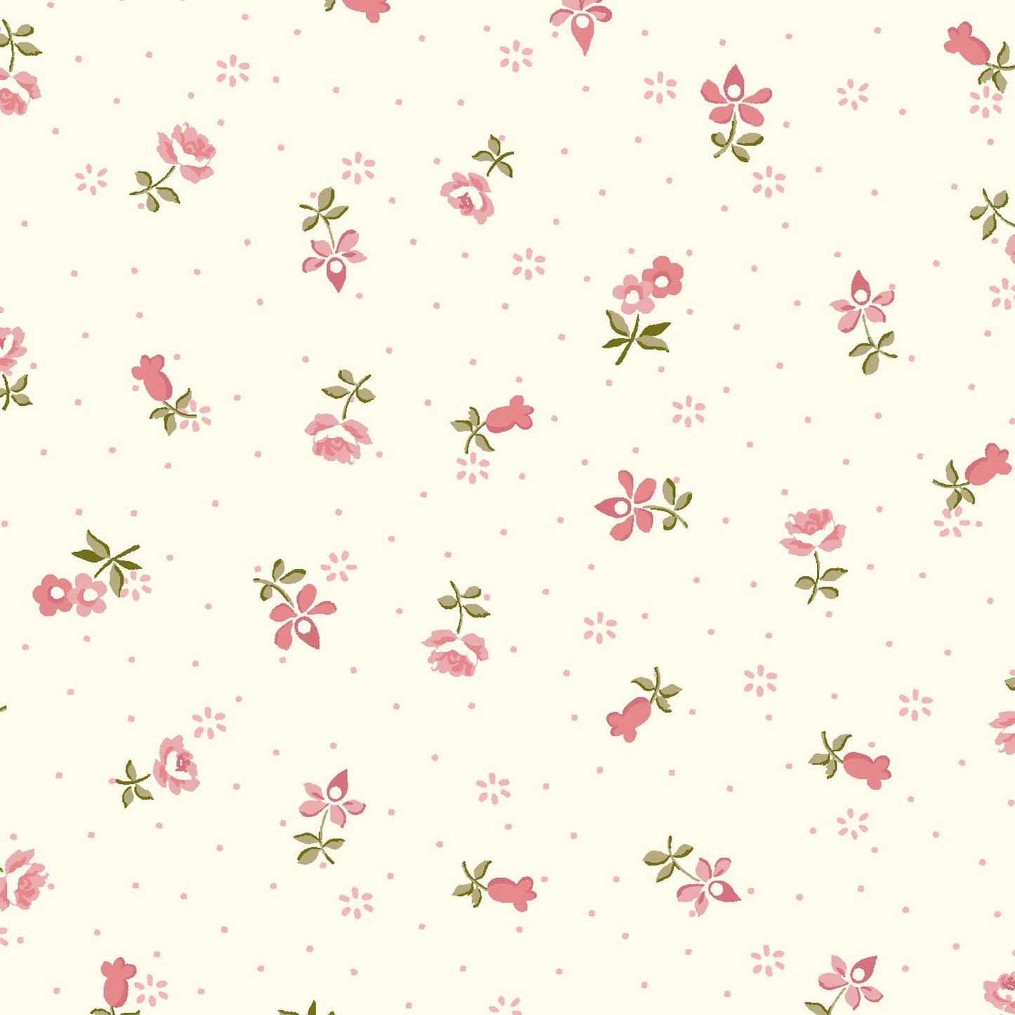 Charlotte Ditsy Floral Fabric by Clothworks – Pink Flowers on Cream | 100% Cotton Quilt Fabric | 43/44” Wide