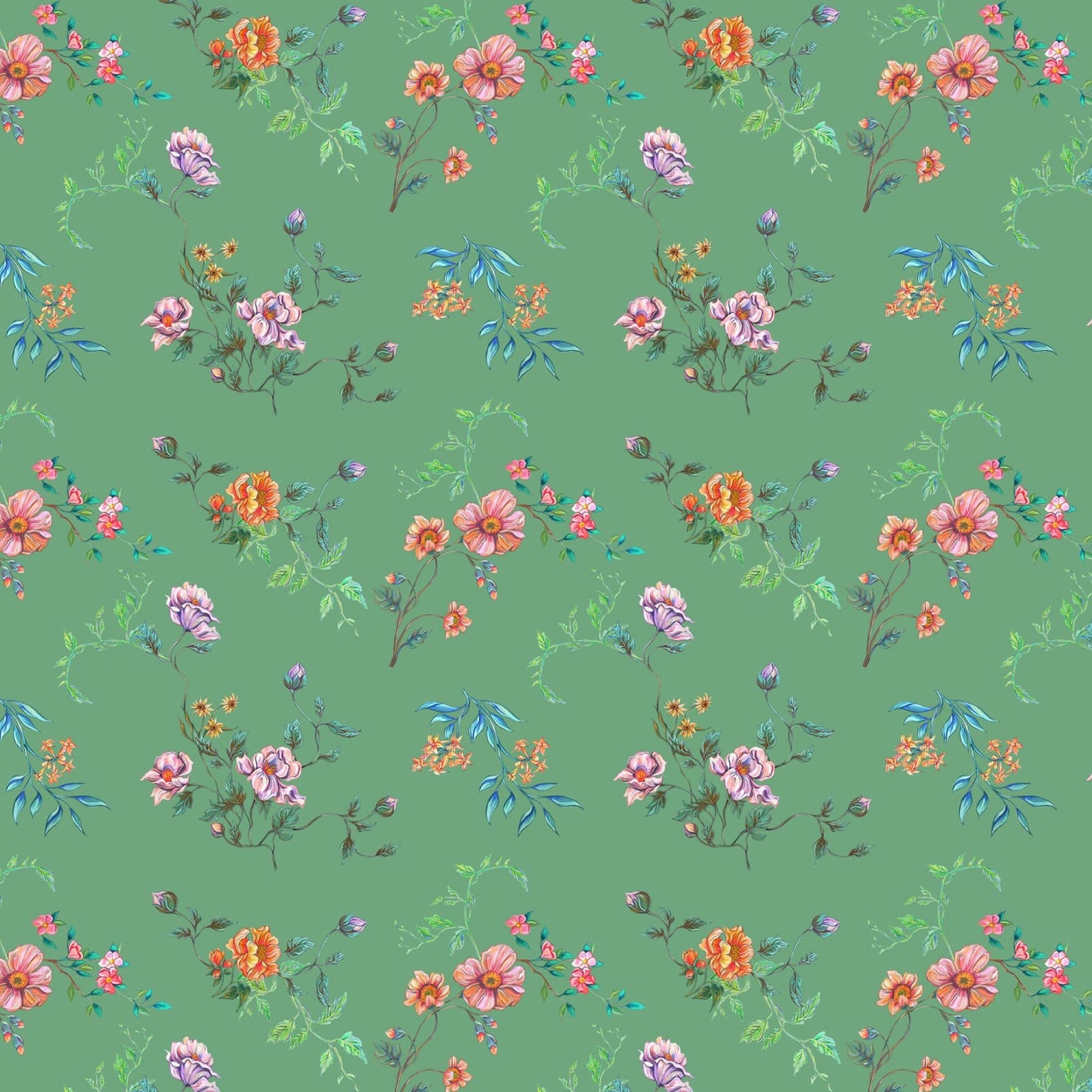 Free Spirit Fabrics In Full Bloom Green Floral Cotton Fabric – Vintage Botanical Floral Fabric