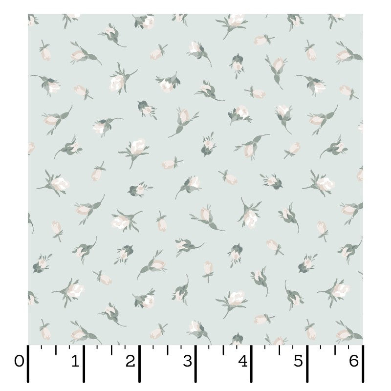 Maywood Studio La Fleur Flannel – White Rosebuds on Light Blue Green | 100% Cotton Blender Flannel Fabric