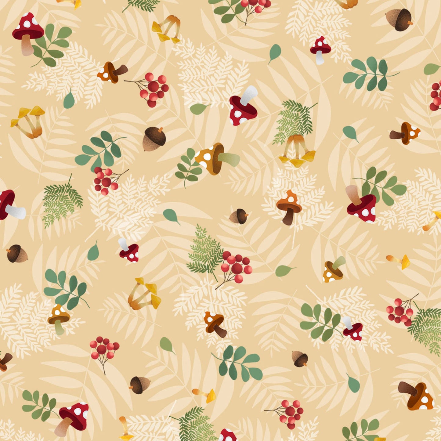 Fablewood Mushroom Tossed Fabric by the Yard | Woodland Cotton Fabric