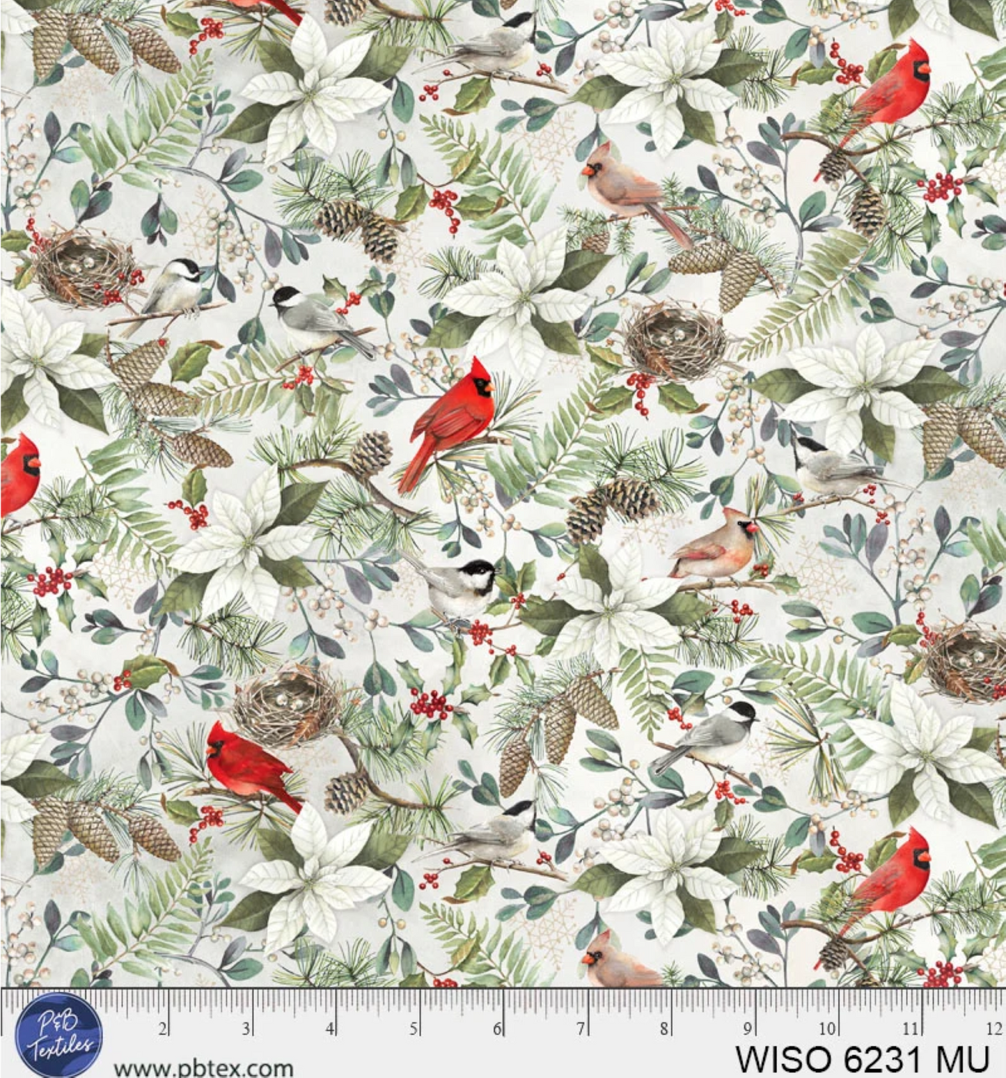 P&B Textiles Winter Song Cardinal & Poinsettia Quilting Cotton Fabric