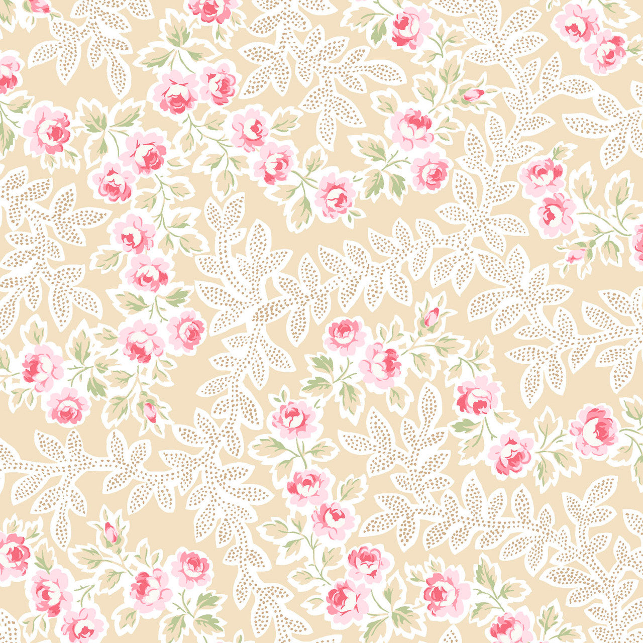 Floral Vine Rose Fabric on Cream – Yours Truly Collection, Vintage Pink Roses Quilting Cotton