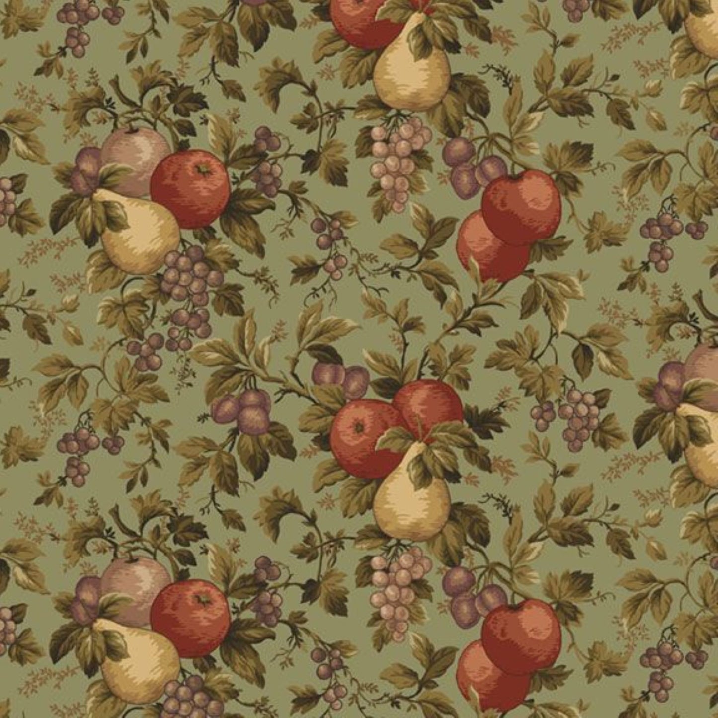Garden Harvest Cotton Fabric - Apples, Pears & Grapes on Sage Green