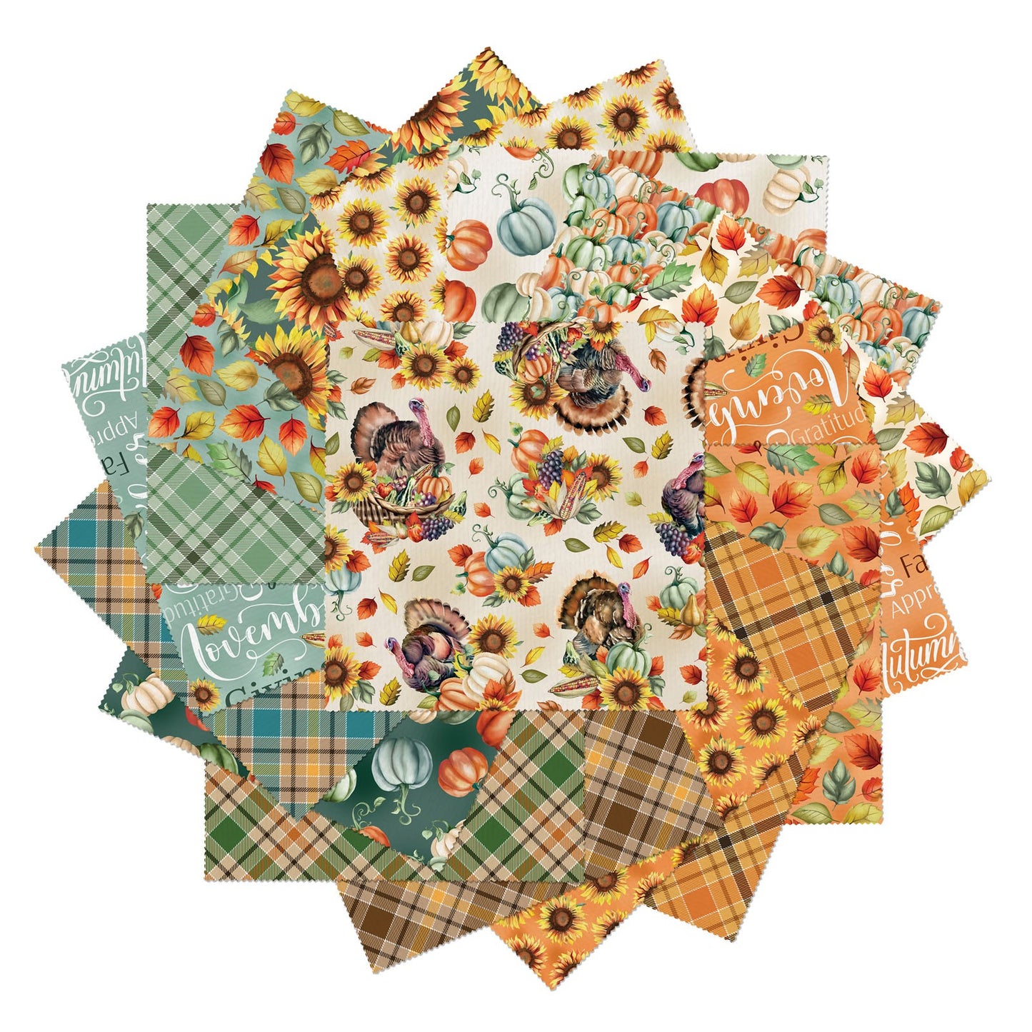 Give Thanks 10” Fabric Squares | Benartex Autumn Precut Cotton | Fall Leaves, Sunflowers, Turkeys & Pumpkins | 42 Piece Quilt Bundle