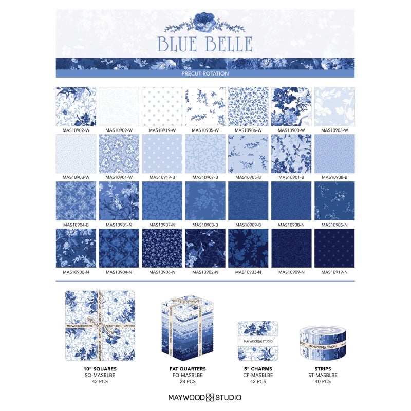 Maywood Studios Blue Belle Fabric – 10” Precut Squares | 42 Piece Quilt Fabric Pack
