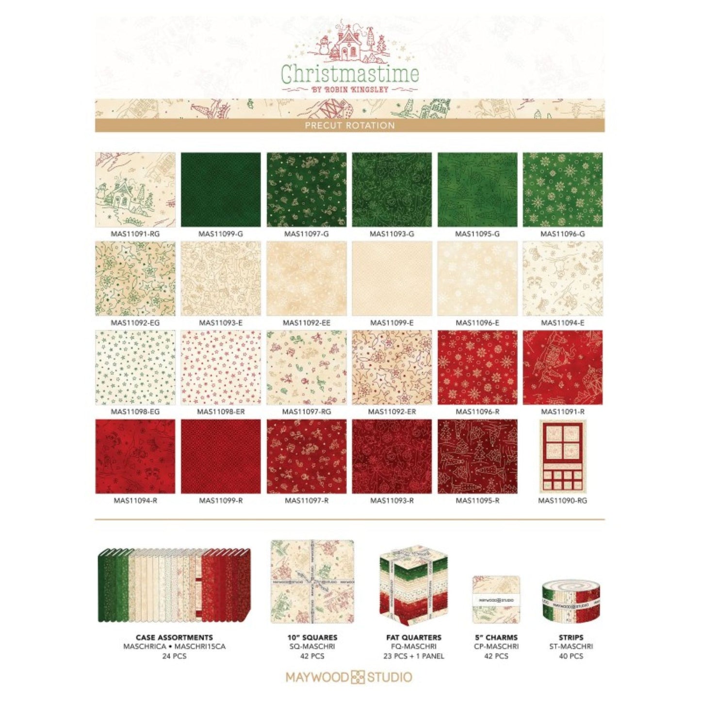 Christmastime 10" Precut Fabric Squares | Maywood Studio 42 Piece Quilting Cotton Bundle