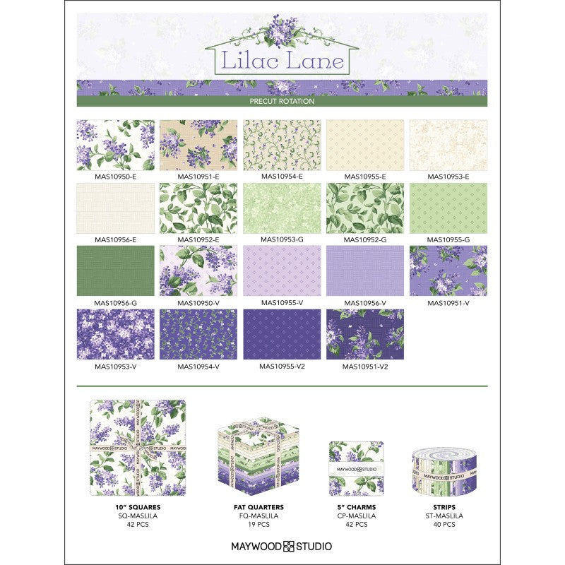 Lilac Lane – 10" Precut Cotton Squares | Lavender & Green Floral Quilt Fabric (42 Pieces)