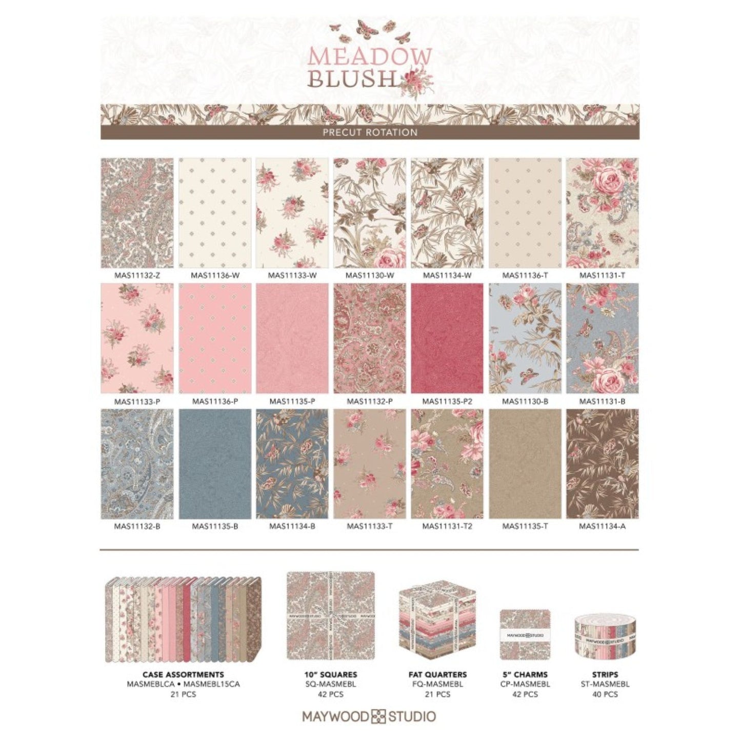 Meadow Blush | Floral & Paisley 10 Inch Precut Cotton Fabric | 42 pieces