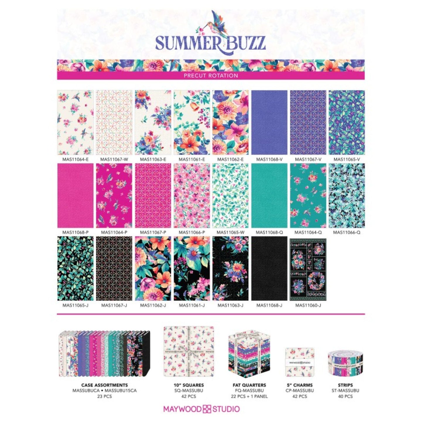 Summer Buzz 10" Precut Cotton Fabric | Hummingbird and Floral Quilting Bundle | 42 Pieces