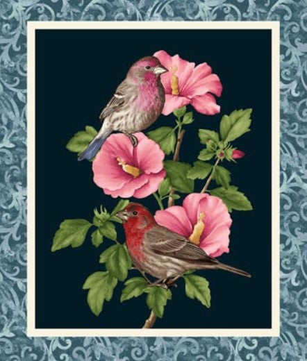 Garden Symphony Fabric by Henry Glass – Bright Floral Cotton Blocks Panel with Daffodils, Peony, Irises and Birds - Spring Quilt Fabric