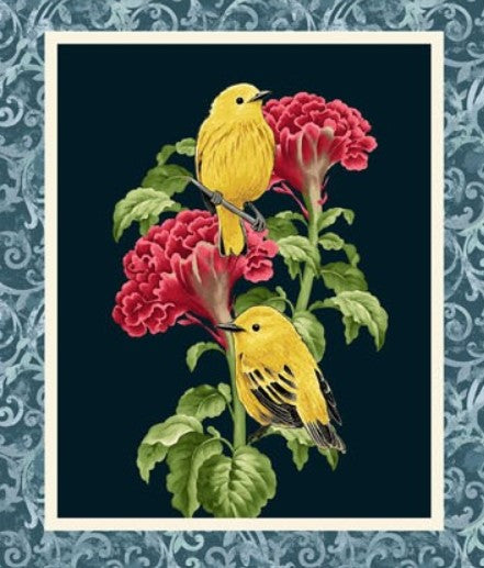 Garden Symphony Fabric by Henry Glass – Bright Floral Cotton Blocks Panel with Daffodils, Peony, Irises and Birds - Spring Quilt Fabric
