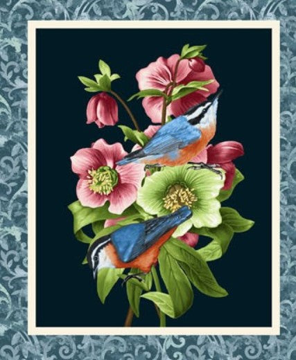 Garden Symphony Fabric by Henry Glass – Bright Floral Cotton Blocks Panel with Daffodils, Peony, Irises and Birds - Spring Quilt Fabric