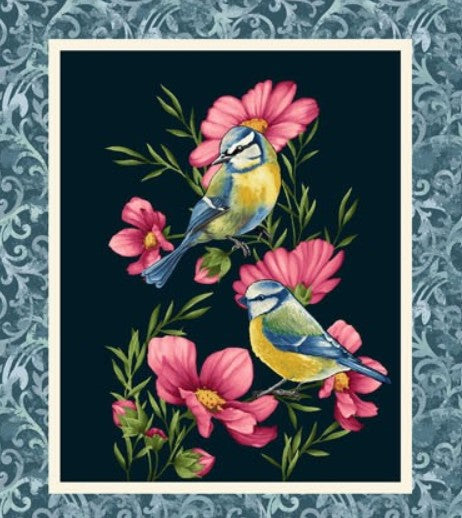 Garden Symphony Fabric by Henry Glass – Bright Floral Cotton Blocks Panel with Daffodils, Peony, Irises and Birds - Spring Quilt Fabric