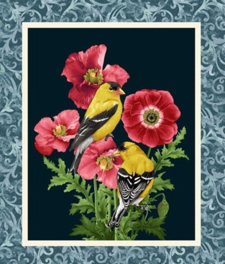 Garden Symphony Fabric by Henry Glass – Bright Floral Cotton Blocks Panel with Daffodils, Peony, Irises and Birds - Spring Quilt Fabric