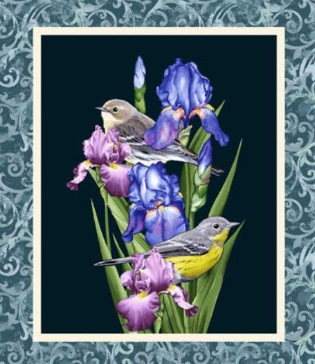 Garden Symphony Fabric by Henry Glass – Bright Floral Cotton Blocks Panel with Daffodils, Peony, Irises and Birds - Spring Quilt Fabric