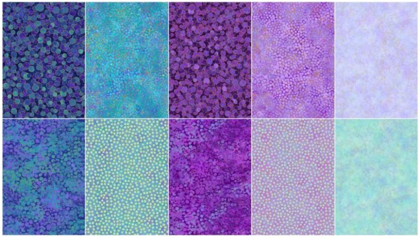 Northcott Shimmer Pansy & Deep Sea Tiles | 42 Precut 10" Quilting Cotton Squares with Metallic Accents