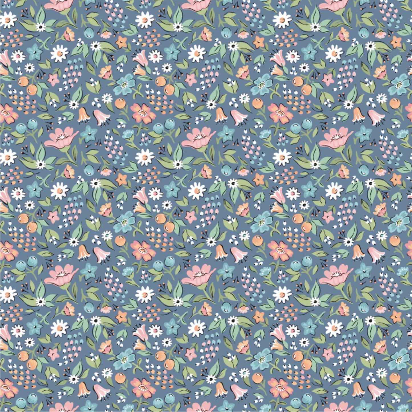 Poppie Cotton Freshly Picked Night, Vintage Style Blue Floral Cotton Fabric