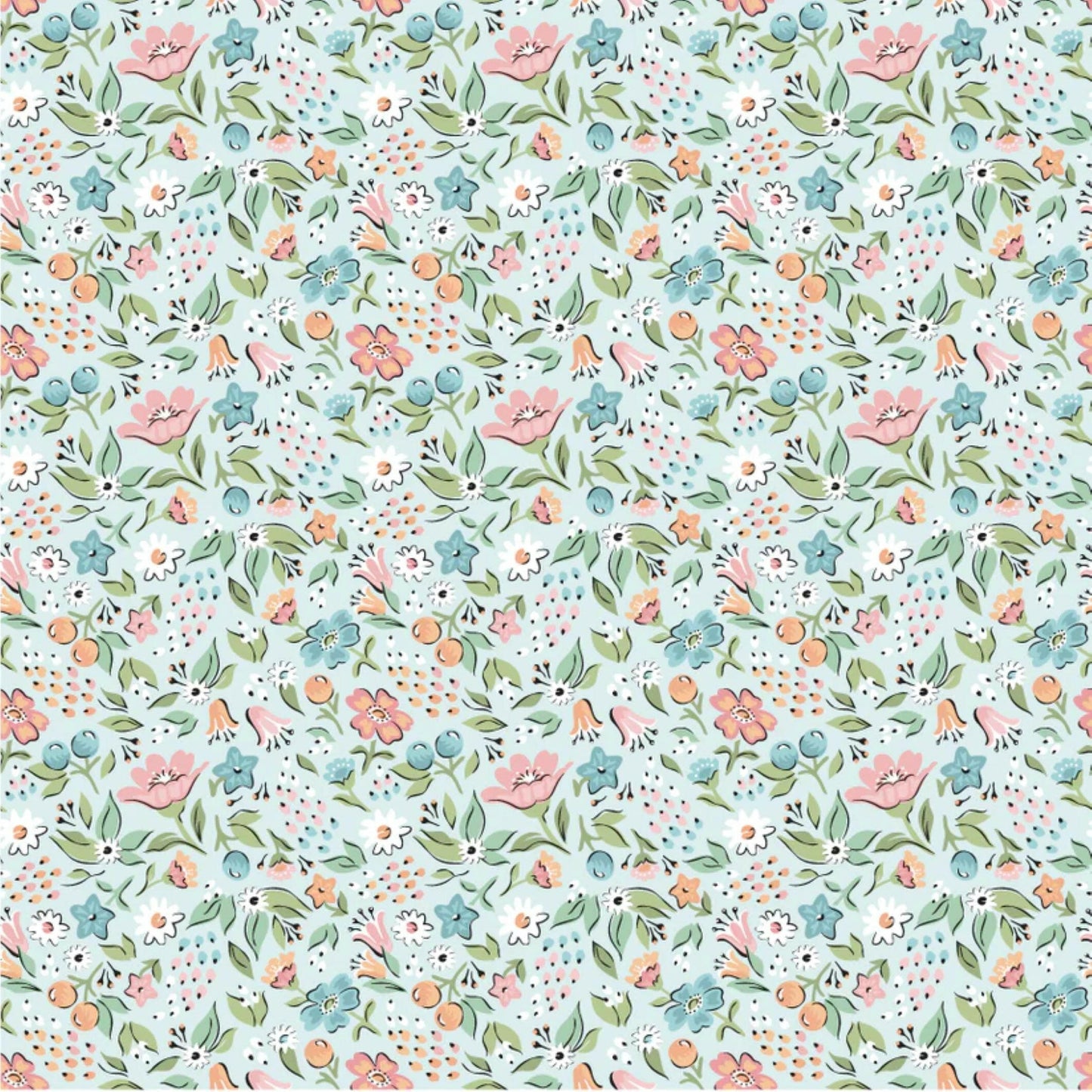 Poppie Cotton Freshly Picked Vintage Style Sky Floral Cotton Fabric.