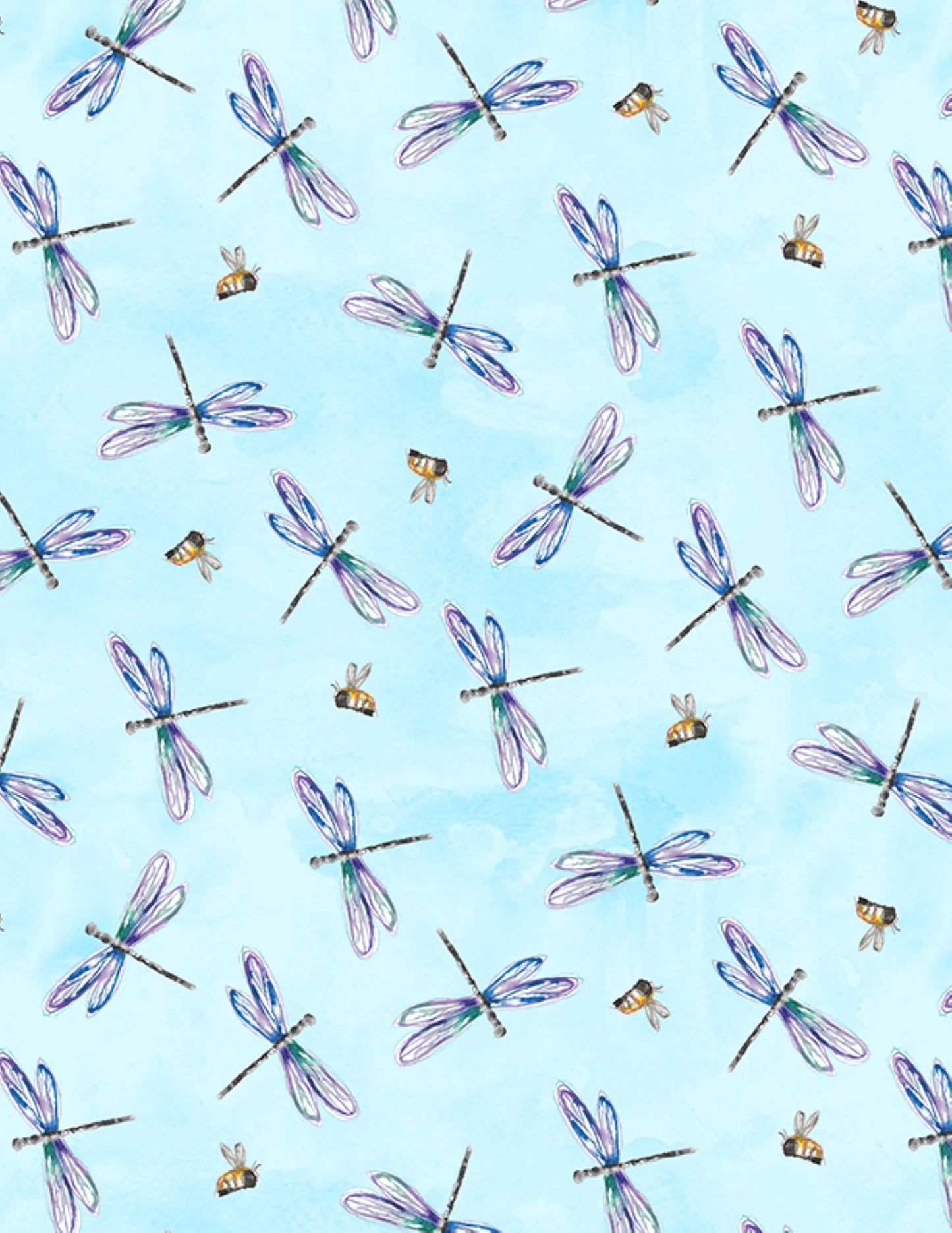 Blue Dragonfly and Bees Quilt Cotton Fabric.