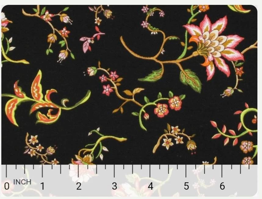 Sew de Vine Tan on Black Floral Quilt Cotton Fabric.