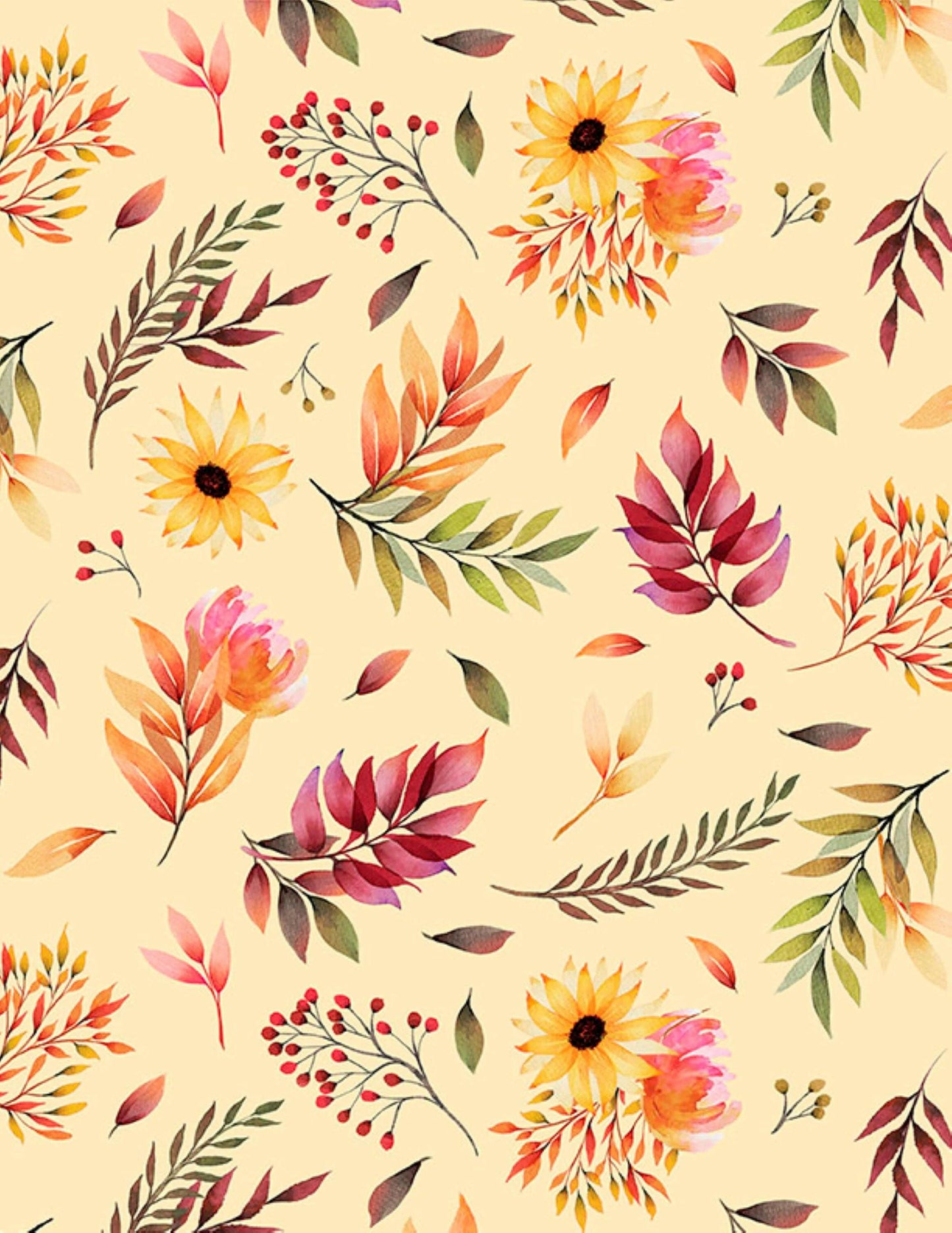 Autumn Light Floral and Leaves Cotton Fabric.