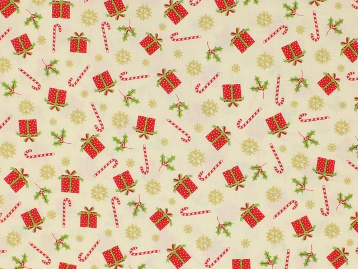 Merry Christmas Metallic Candy Canes and Presents Cotton Fabric
