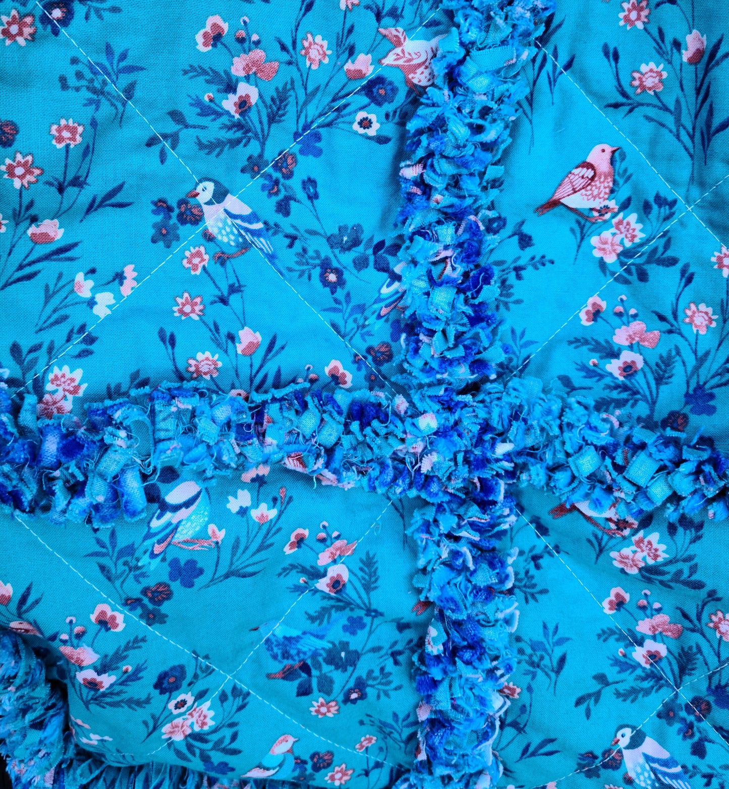 Turquoise Rag Quilt Bird Open Tote