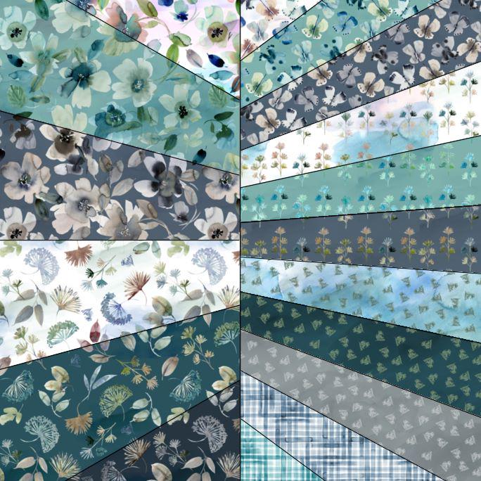 Mood Garden Fabric Collection by Stephanie Ryan Delicate Blooms & Pressed Leaves