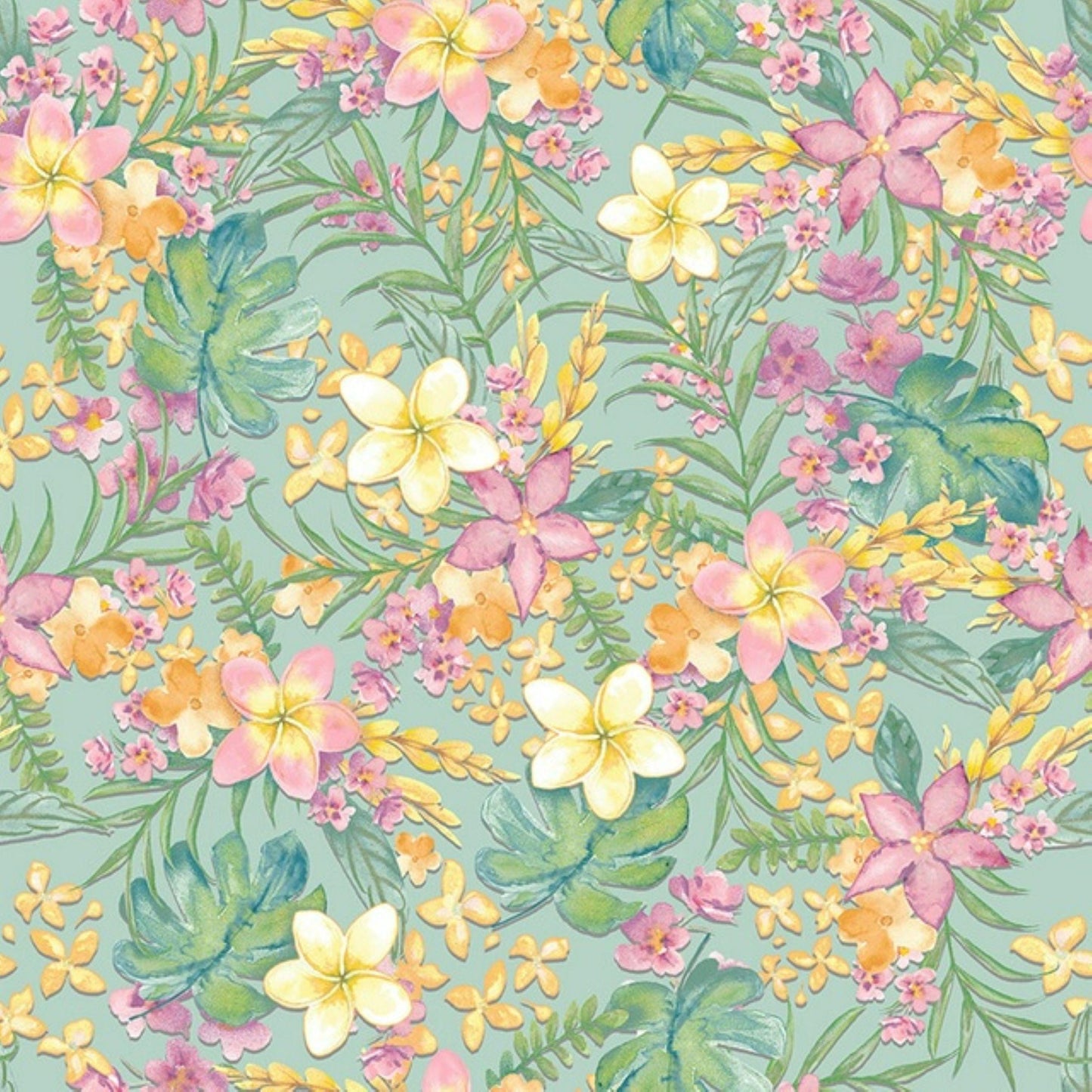 Stunning Tropical Floral Cotton Fabric Studio E | Peach, Cream & Yellow Flowers on Green
