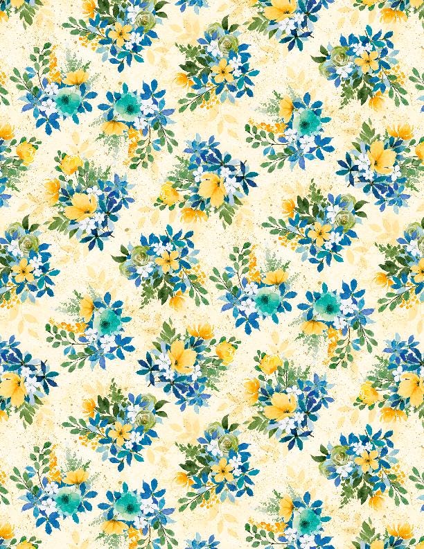 Floral Cotton Fabric: Navy, Yellow & Teal Bouquet Print