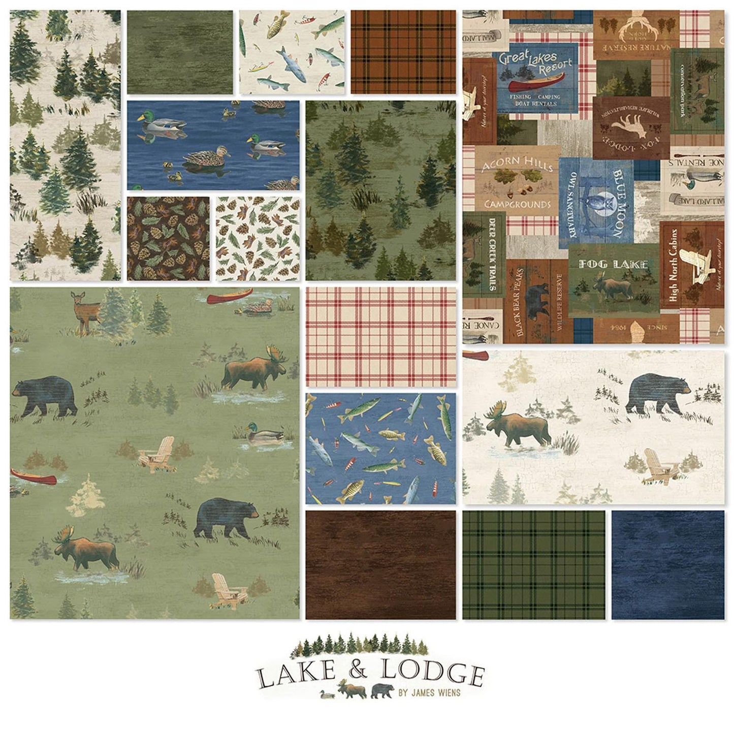 Lake & Lodge by James Wiens for Clothworks 10" Precut Fabric Squares (42 pcs) | Animal, plaid, and Nature Prints