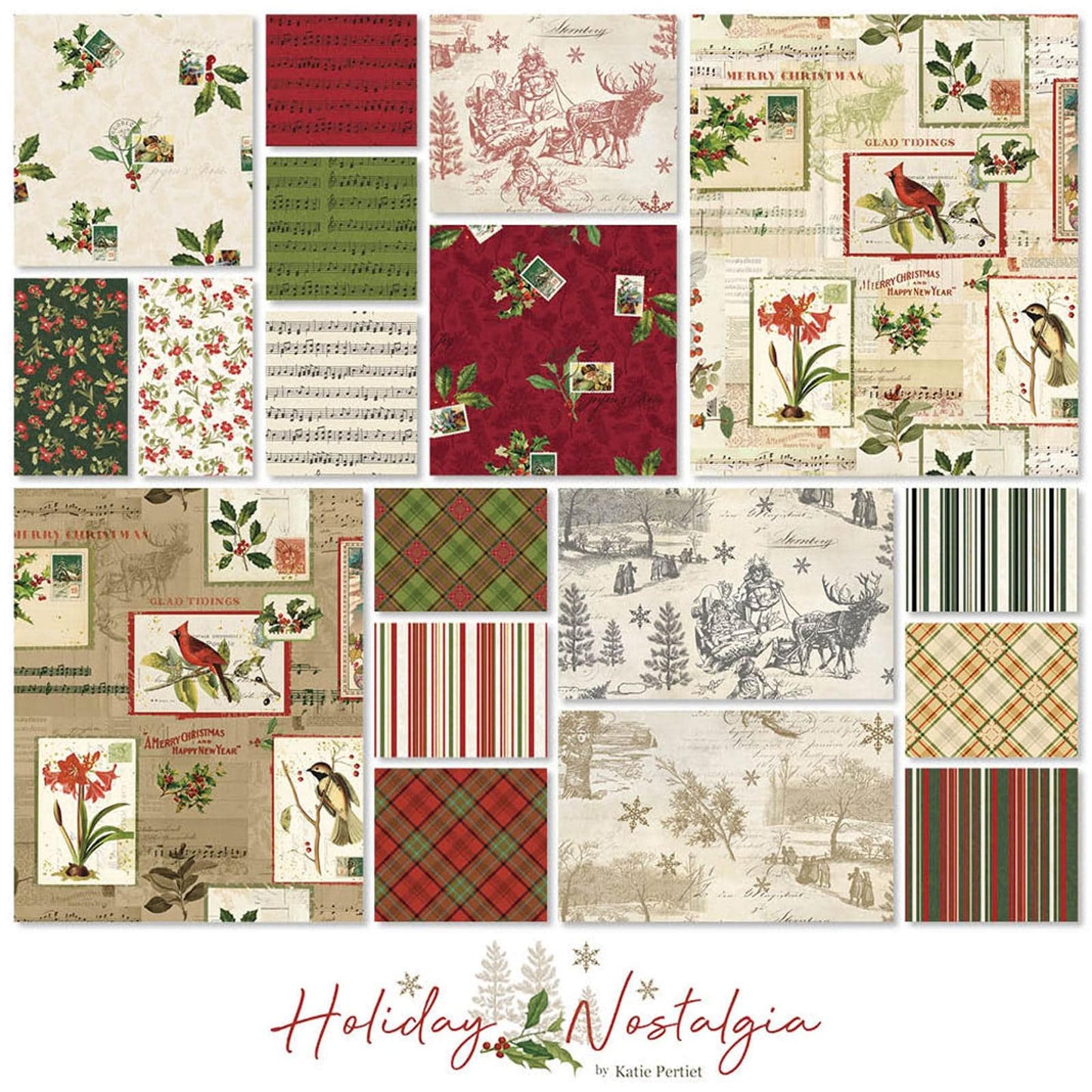 Holiday Nostalgia 10 Precut Fabric Squares 42 Pcs | Vintage Christmas Cotton Fabric by Clothworks
