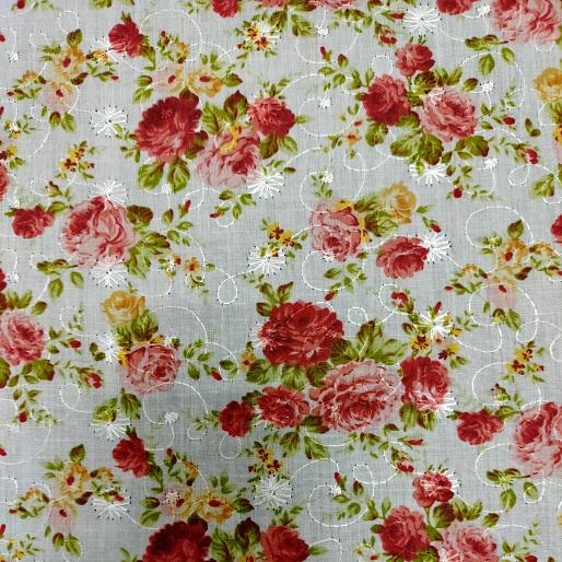 Romantic Roses Embroidered Eyelet Cotton Fabric Benartex | Cabbage Rose Red/Pink