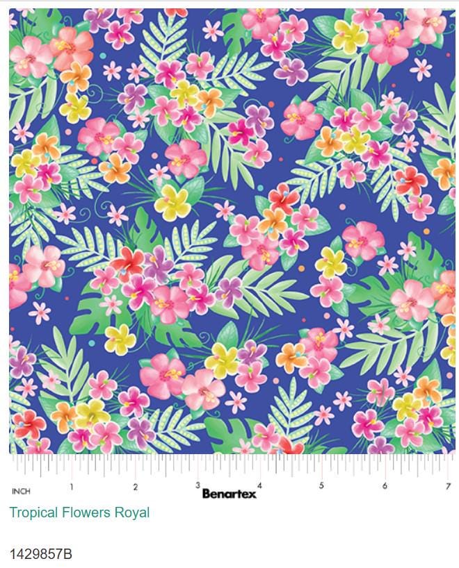 Tropical Floral Cotton Fabric: Pink & Yellow Flowers on Royal Blue