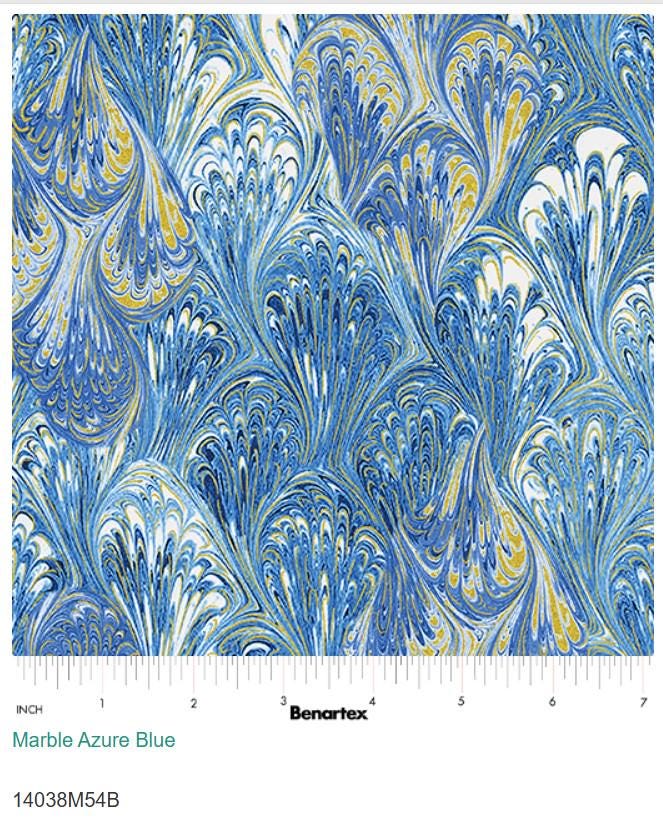Azure Blue Marble Cotton Fabric - Benartex Venetian Print - Quilting & Sewing