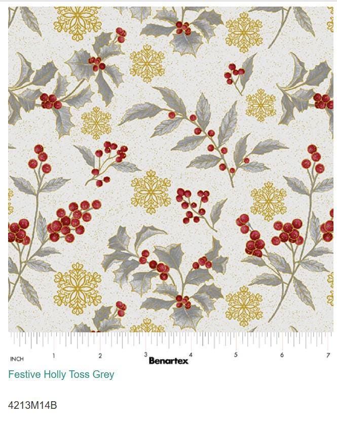 Festive Holly Toss Cotton Fabric: Grey Holiday Print with Gold