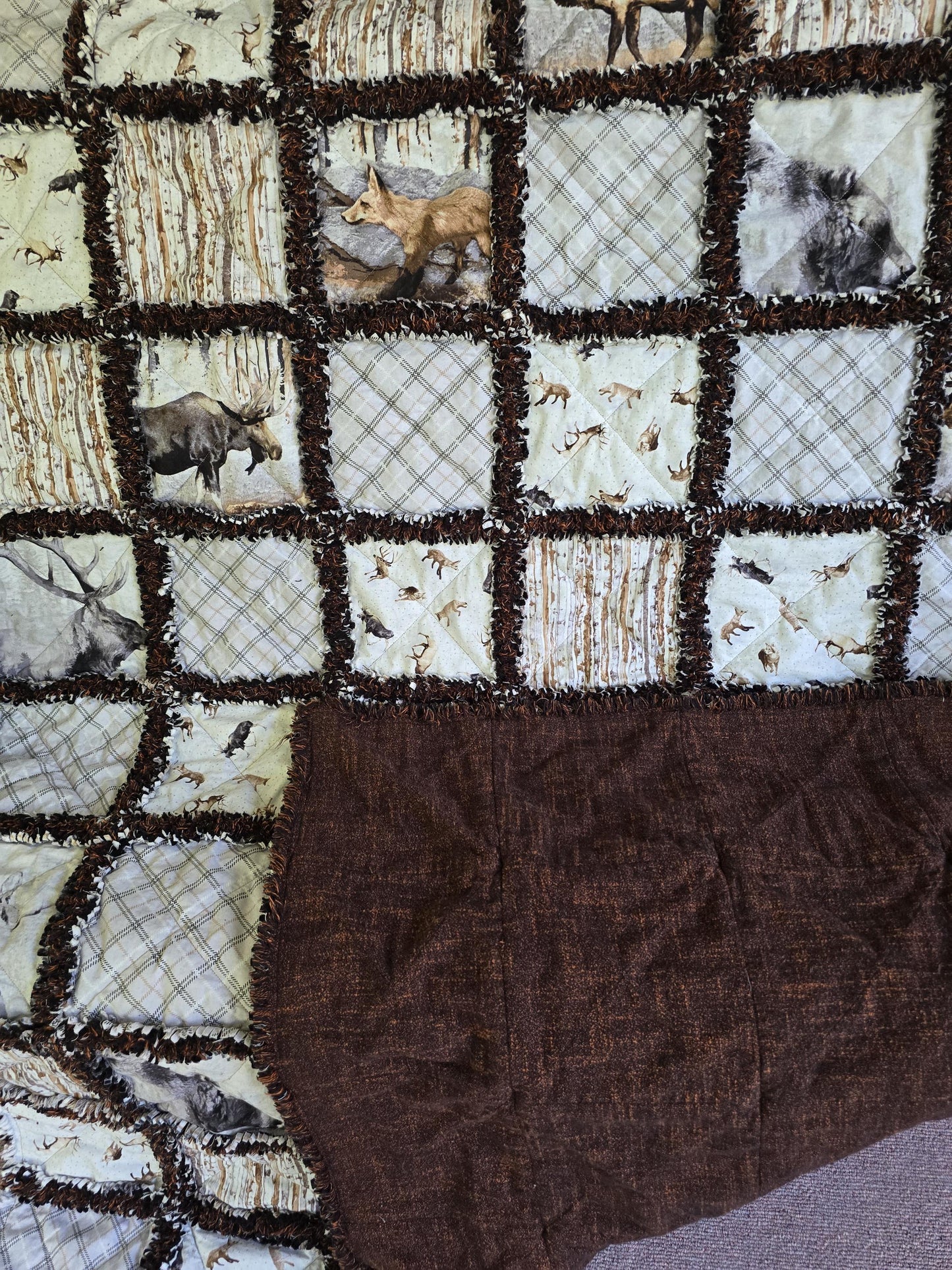 Woodland Whispers Rag Quilt Throw Moose, Bear, Elk & Fox Rustic Cabin Decor Handmade Cotton Flannel Quilt Cozy Lap Blanket 52"x67"